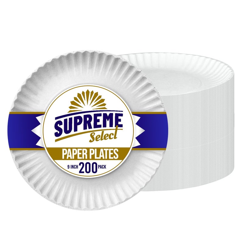 Supreme Select Disposable Paper Plates in Bulk [Set of 200 | 9 inch] Uncoated White Large Plate - Ideal for Birthday Parties, Weddings, Thanksgiving, Dinners, Desserts, Crafts, and BBQs - Image 1
